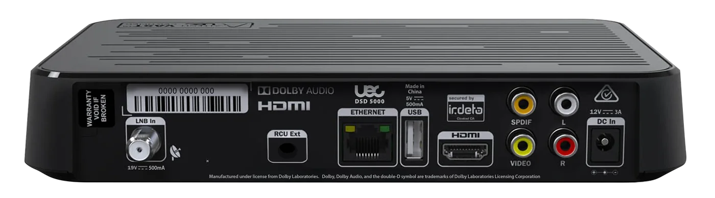DSD 5000 rear panel showing HDMI, composite, USB and LNB connections